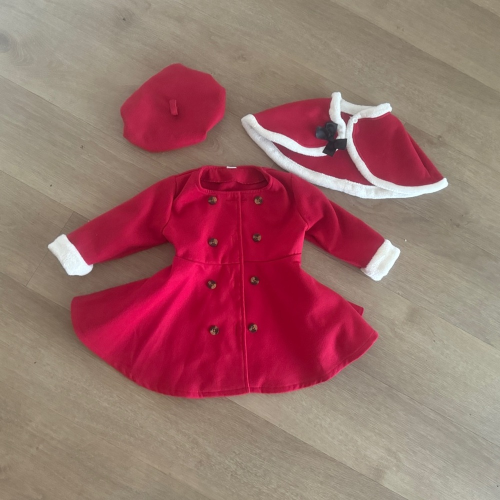 Red Double-Breasted Doll Coat with Beret & Cape